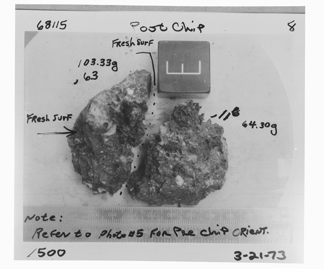 Black and white photograph of Apollo 16 Sample(s) 68115,11,63; Processing photograph displaying post chip with an orientation of E.