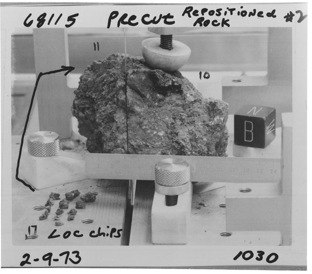 Black and white photograph of Apollo 16 Sample(s) 68115,10,11; Processing photograph displaying pre chip.