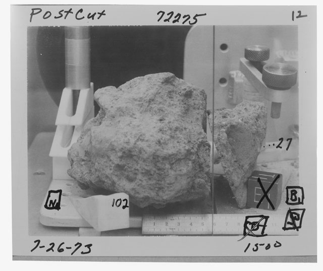 Black and white photograph of Apollo 17 Sample(s) 72275,27,102; Processing photograph of the orientation of post saw sample.