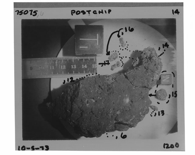Black and white photograph of Apollo 17 Sample(s) 75075,6,12-16; Processing photograph displaying the orientation of post chip reconstruction.