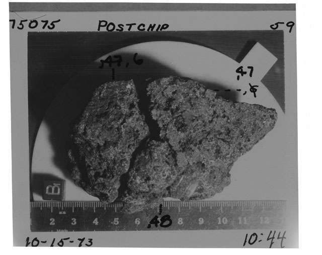 Black and white photograph of Apollo 17 Sample(s) 75075,6,47,48; Processing photograph displaying a post chip reconstruction with an orientation of B.