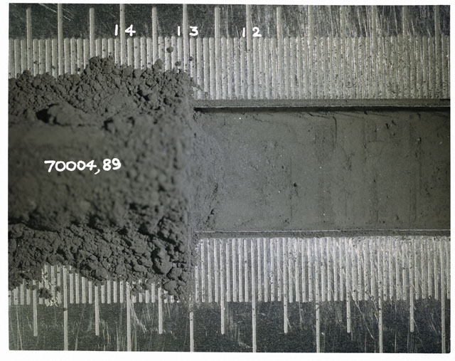 Color photograph of Apollo 17 Sample(s) 70004,89; Processing photograph displaying Core Fines in s.