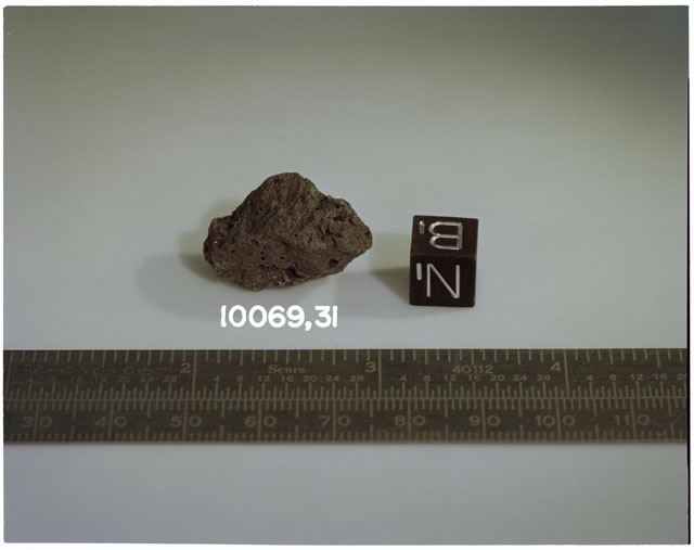 Color photograph of Apollo 11 Sample(s) 10069,31; Processing photograph displaying orientation of B,N.