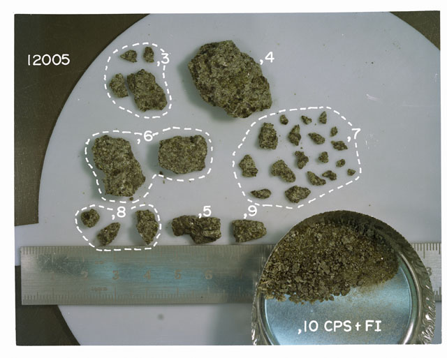 Color photograph of Apollo 12 Sample(S) 12005,3-10; Processing photograph displaying  chip and fines.