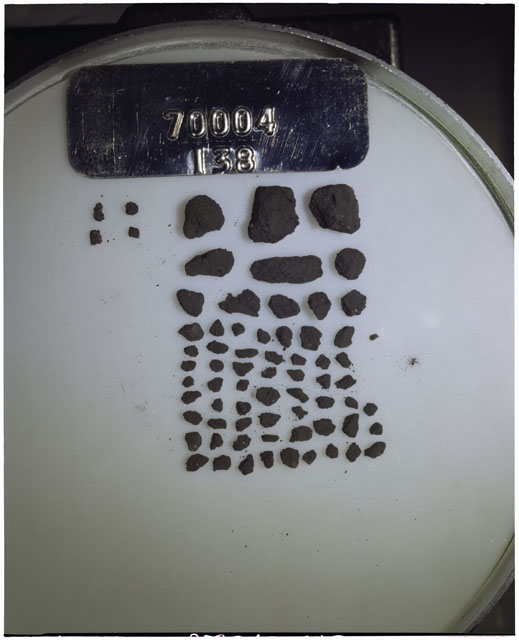 Color photograph of Apollo 17 Sample(s) 70004,138; Processing photograph displaying a group of >1 MM Core Fines found at 192.7-193.2 cm depth from surface.