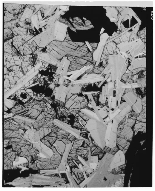 Black and white photograph of Apollo 11 Sample(s) 10044,55; 2.7 MM Thin Section photograph using reflected light.