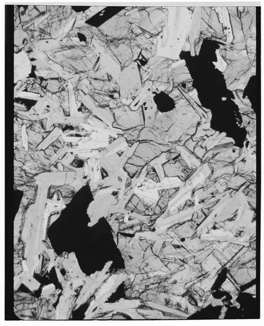 Black and white photograph of Apollo 11 Sample(s) 10003,49; Thin Section photograph using cross nichols light.