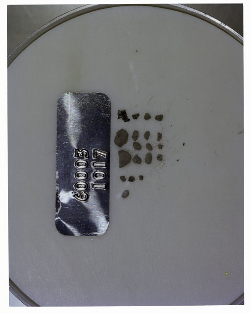 Color photograph of Apollo 16 Core Sample 60003,1017; Processing photograph displaying >1 MM Core Fines .