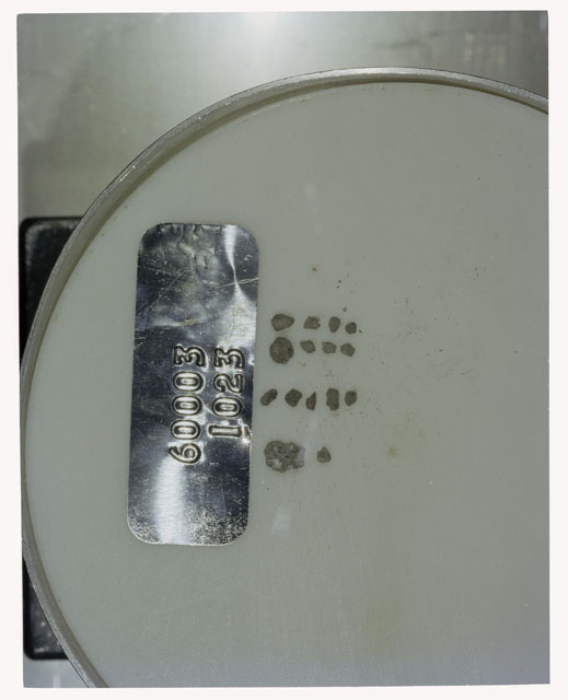 Color photograph of Apollo 16 Core Sample 60003,1023; Processing photograph displaying >1 MM Core Fines .