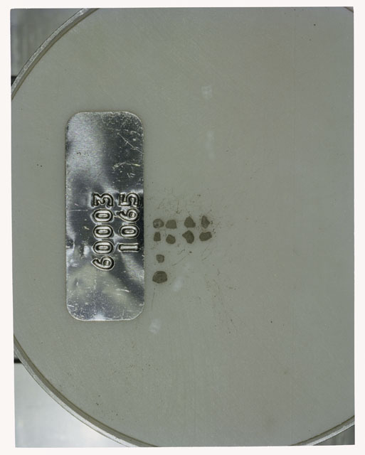 Color photograph of Apollo 16 Core Sample 60003,1065; Processing photograph displaying >1 MM Core Fines .
