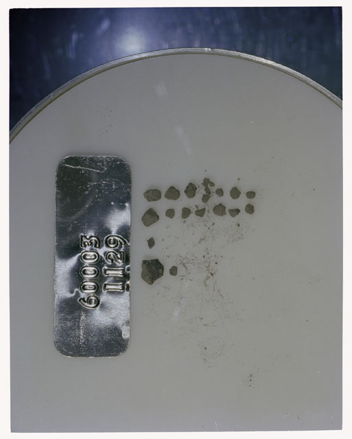 Color photograph of Apollo 16 Core Sample 60003,1129; Processing photograph displaying >1 MM Core Fines .