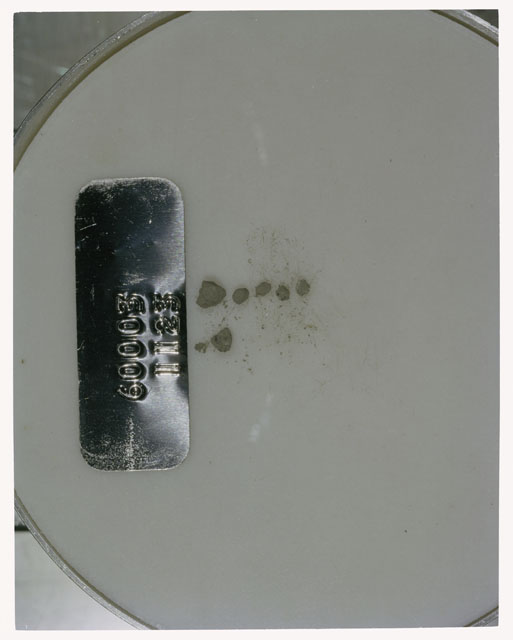 Color photograph of Apollo 16 Core Sample 60003,1123; Processing photograph displaying >1 MM Core Fines .
