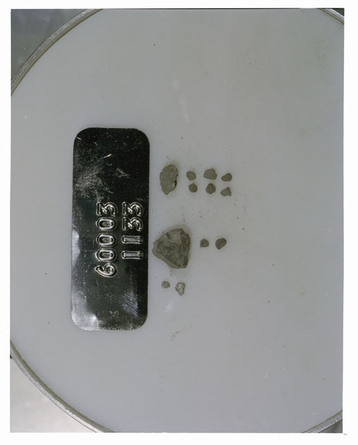 Color photograph of Apollo 16 Core Sample 60003,1133; Processing photograph displaying >1 MM Core Fines .