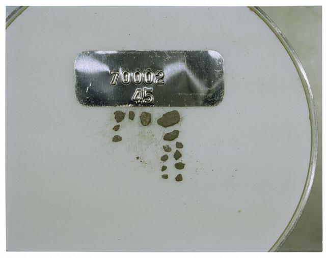 Color photograph of Apollo 17 Sample(s) 70002,45; Processing photograph displaying a group of >1 MM Core Fines.