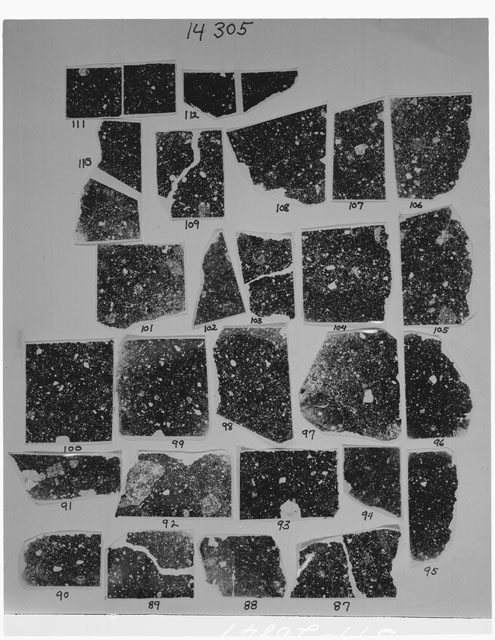 Black and white photograph of Apollo 14 Sample(s) 14305,87-112; Processing photograph displaying a Sheet of Thin Section Proofs.