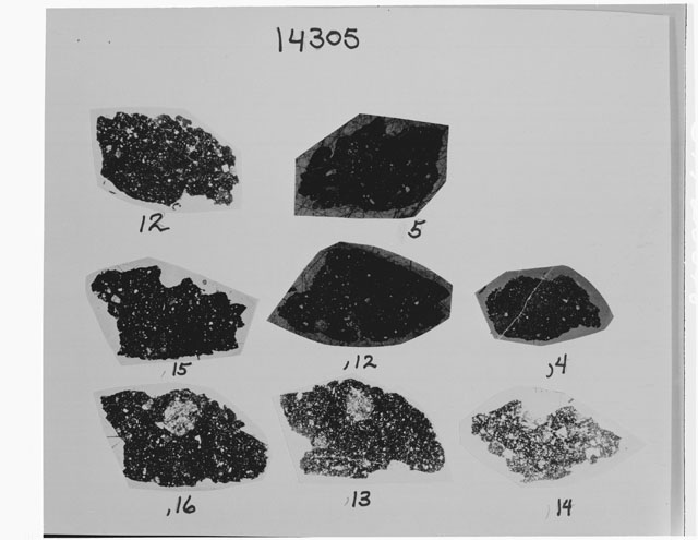 Black and white photograph of Apollo 14 Sample(s) 143054,5,12-15; Processing photograph displaying a Sheet of Thin Section Proofs.