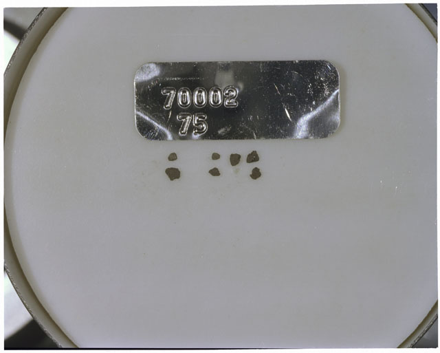 Color photograph of Apollo 17 Sample(s) 70002,75; Processing photograph displaying a group of >1 MM Core Fines.