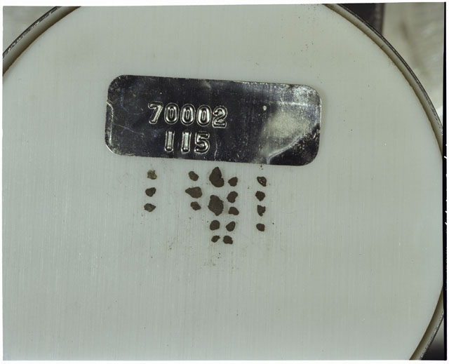 Color photograph of Apollo 17 Sample(s) 70002,115; Processing photograph displaying a group of >1 MM Core Fines.