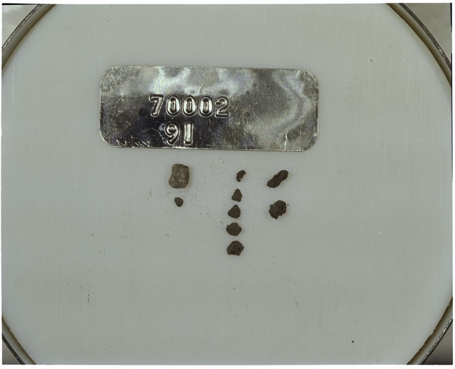 Color photograph of Apollo 17 Sample(s) 70002,91; Processing photograph displaying a group of >1 MM Core Fines.