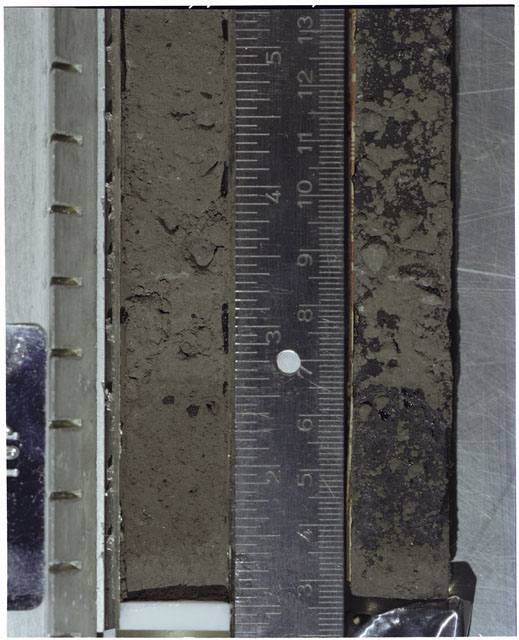Color photograph of Apollo 17 Sample(s) 70002,179,178; Processing photograph displaying Core with peel at 3-11 cm depth.