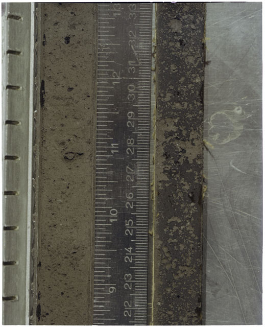 Color photograph of Apollo 17 Sample(s) 70002,179,178; Processing photograph displaying Core with peel at 21.5-33 cm depth.