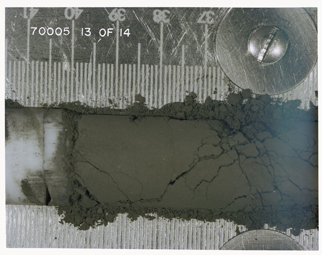 Color photograph of Apollo 17 Sample(s) 70005; 13 of 14 Processing photograph displaying pre-dissection Core.