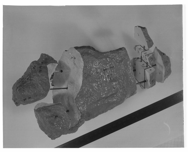 Black and white Processing photograph of Apollo 14 Sample(s) 14311,0 Model displaying the proposed cutting plan.