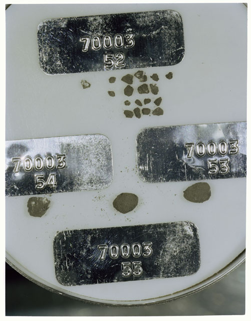 Color photograph of Apollo 17 Sample(s) 70003,52,53,54,55; Processing photograph displaying a group of >1 MM Core Fines found at 220.2-220.7 cm depth from surface.