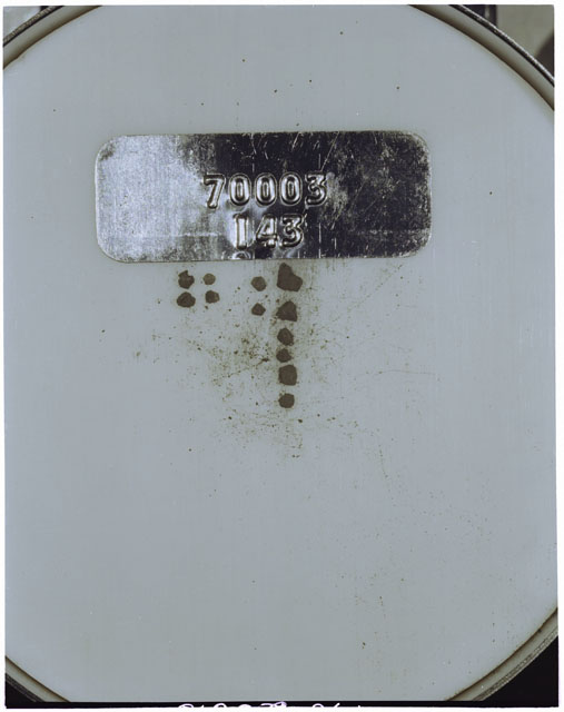 Color photograph of Apollo 17 Sample(s) 70003,143; Processing photograph displaying a group of >1 MM Core Fines found at 239.7-240.2 cm depth from surface.