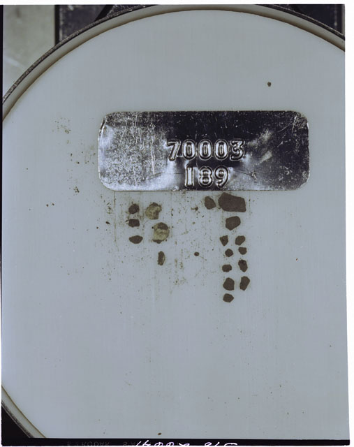 Color photograph of Apollo 17 Sample(s) 70003,189; Processing photograph displaying a group of >1 MM Core Fines found at 250.2-250.7 cm depth from surface.