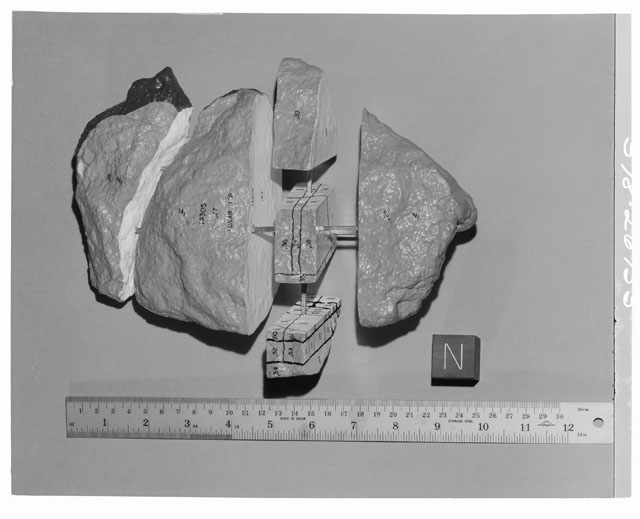 Black and white Processing photograph of Apollo 14 Sample(s) 14305 Model displaying the proposed cutting plan.