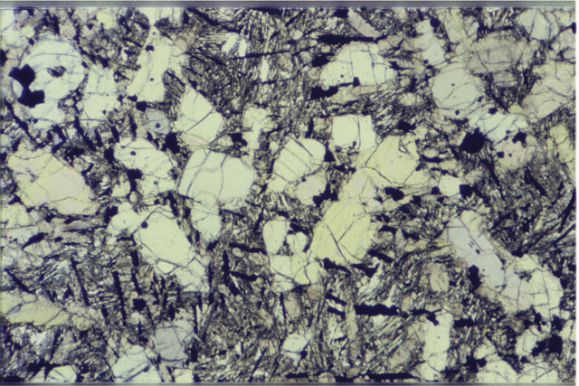 Color 2.7 MM Thin Section photograph of Apollo 12 Sample(s) 12022,9 using transmitted light.