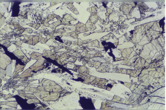 Color 2.7 MM Thin Section photograph of Apollo 12 Sample(s) 12021,3 using transmitted light.