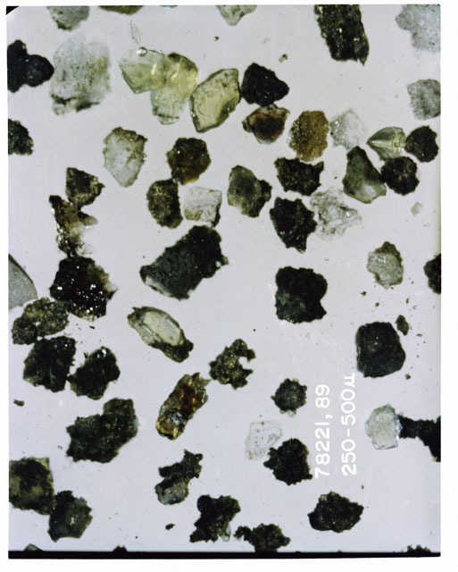 Color photograph of Apollo 17 Sample(s) 78221,89; Processing photograph displaying post sieve soil at 250-500 microns.