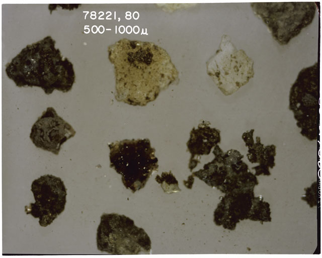 Color photograph of Apollo 17 Sample(s) 78221,80; Processing photograph displaying post sieve soil at 500-1000 microns.