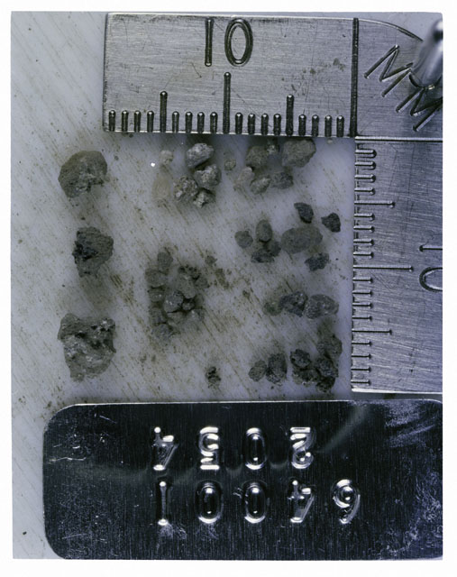 Color photograph of Apollo 16 Core Sample 64001,2054; Processing photograph displaying >1 MM Core Fines .