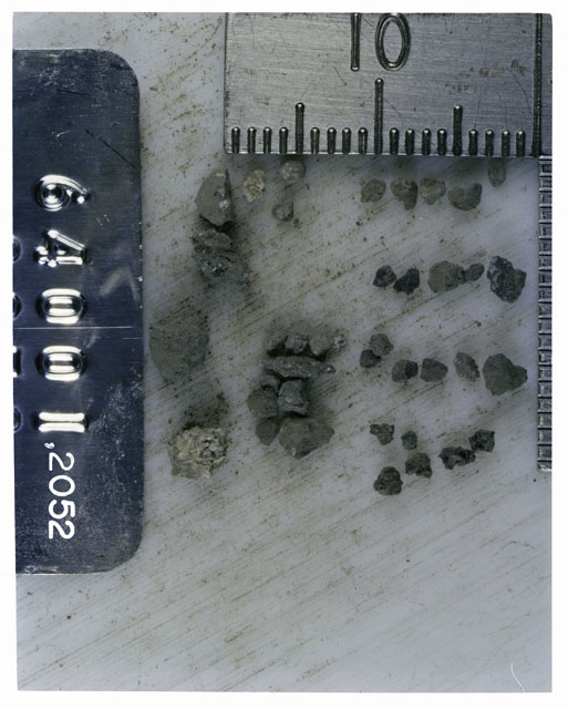 Color photograph of Apollo 16 Core Sample 64001,2052; Processing photograph displaying >1 MM Core Fines .