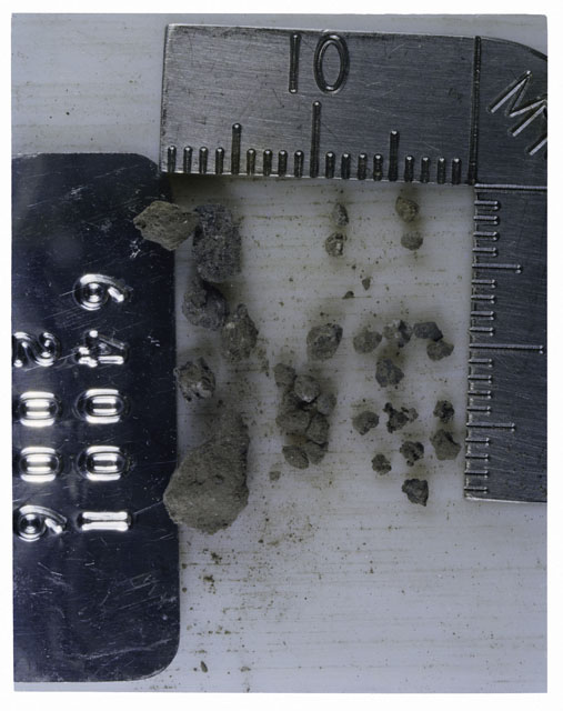 Color photograph of Apollo 16 Core Sample 64001,2006; Processing photograph displaying >1 MM Core Fines .