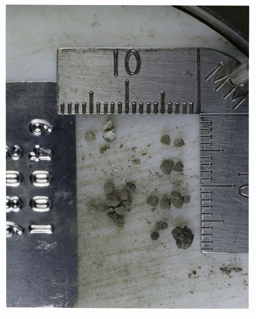 Color photograph of Apollo 16 Core Sample 64001,2086; Processing photograph displaying >1 MM Core Fines .