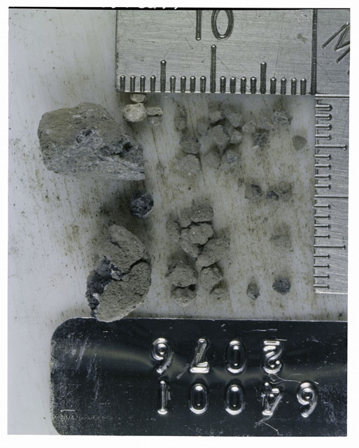 Color photograph of Apollo 16 Core Sample 64001,2076; Processing photograph displaying Core Fines .