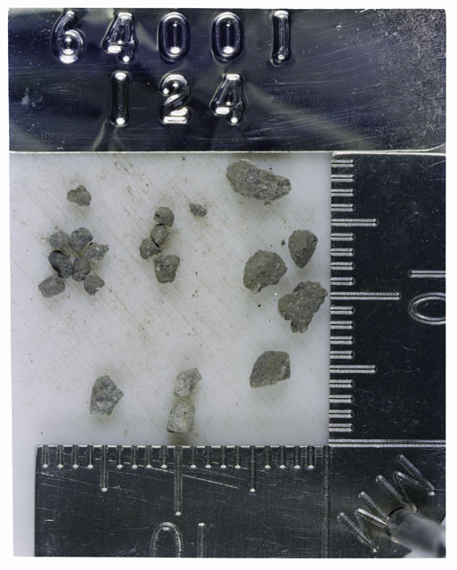 Color photograph of Apollo 16 Core Sample 64001,124; Processing photograph displaying >1 MM Core Fines .
