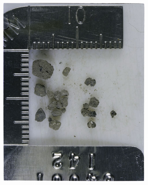 Color photograph of Apollo 16 Core Sample 64001,142; Processing photograph displaying >1 MM Core Fines .
