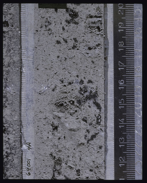 Color photograph of Apollo 16 Core Sample(s) 64001; Processing photograph displaying Core after peel with clod 4A.