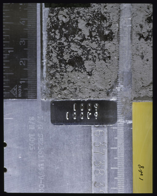 Color photograph of Apollo 16 Sample(s) 64001,6001; 1 of 8 Processing photograph displaying peel side Core at 0-5 cm depth.