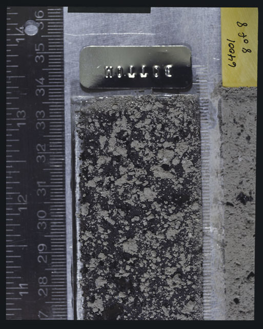 Color photograph of Apollo 16 Sample(s) 64001,6001; 8 of 8 Processing photograph displaying peel side Core at 27-34.5 Ccm depth.
