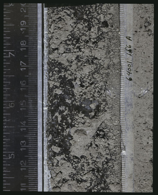 Color photograph of Apollo 16 Sample(s) 64001; 1 of 6 A Processing photograph displaying peel Core at 11-20 cm depth.