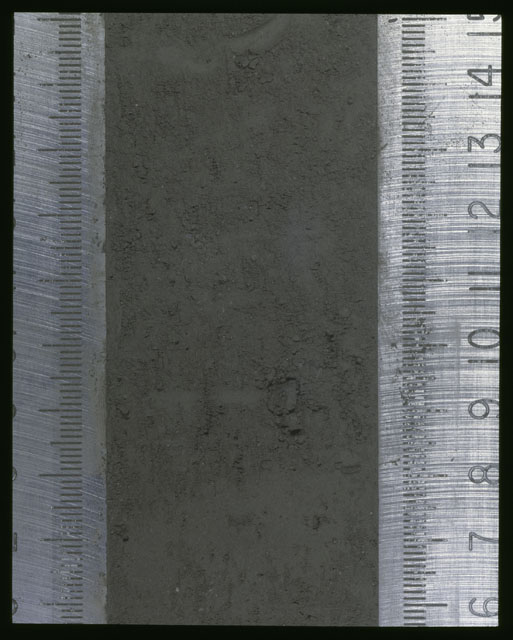 Color photograph of Apollo 16 Sample(s) 64001,1; Processing photograph displaying Core at 6-15 cm depth.