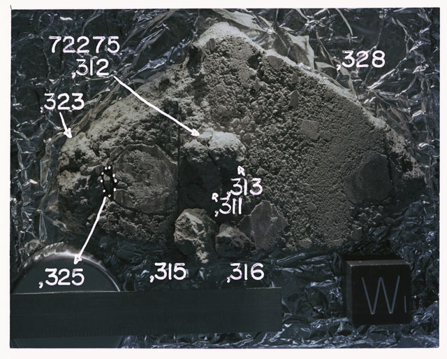 Color photograph of Apollo 17 Sample(s)72275,311-313,315,316,323,325,328; Processing photograph displaying slab reconstruction with an orientation of W.