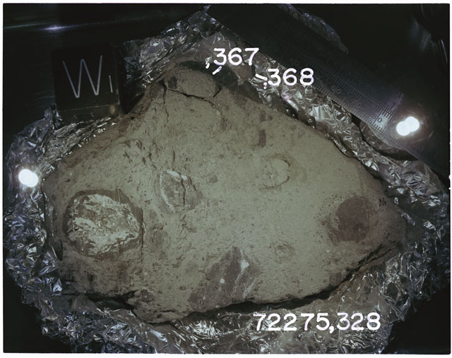 Color photograph of Apollo 17 Sample(s)72275,328,367,368; Processing photograph displaying slab reconstruction with an orientation of W.