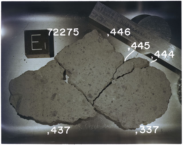 Color photograph of Apollo 17 Sample(s)72275,337,437,444-446; Processing photograph displaying slab reconstruction with an orientation of E.